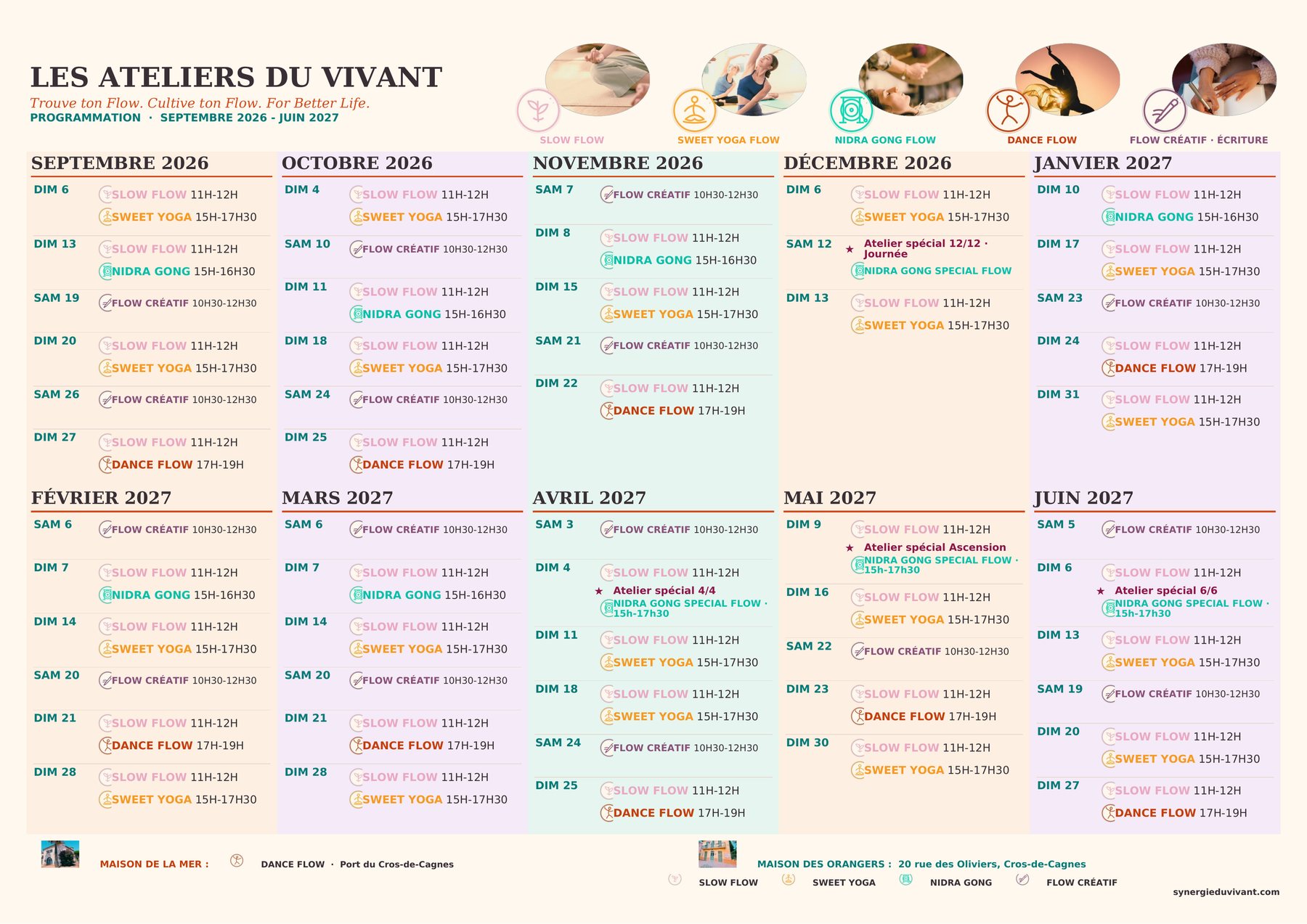 Calendrier des Ateliers du Vivant, septembre 2026 à juin 2027